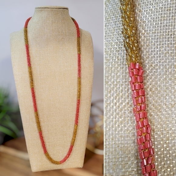 LOFT Gold Orange Seed Bead Rope Long Necklace - Picture 1 of 11